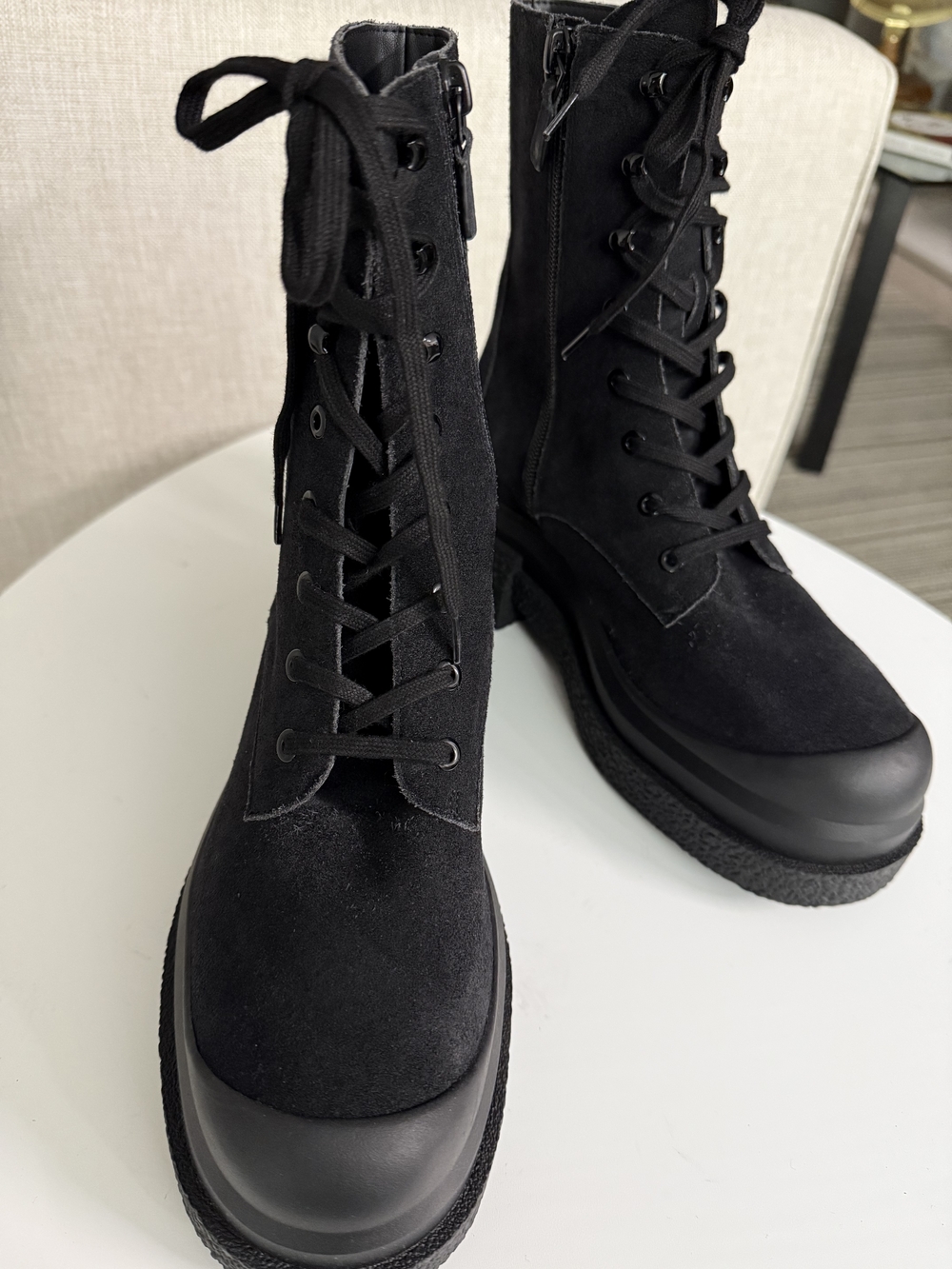 Stuart Weitzman Black Suede Lace-Up Platform Combat Boots